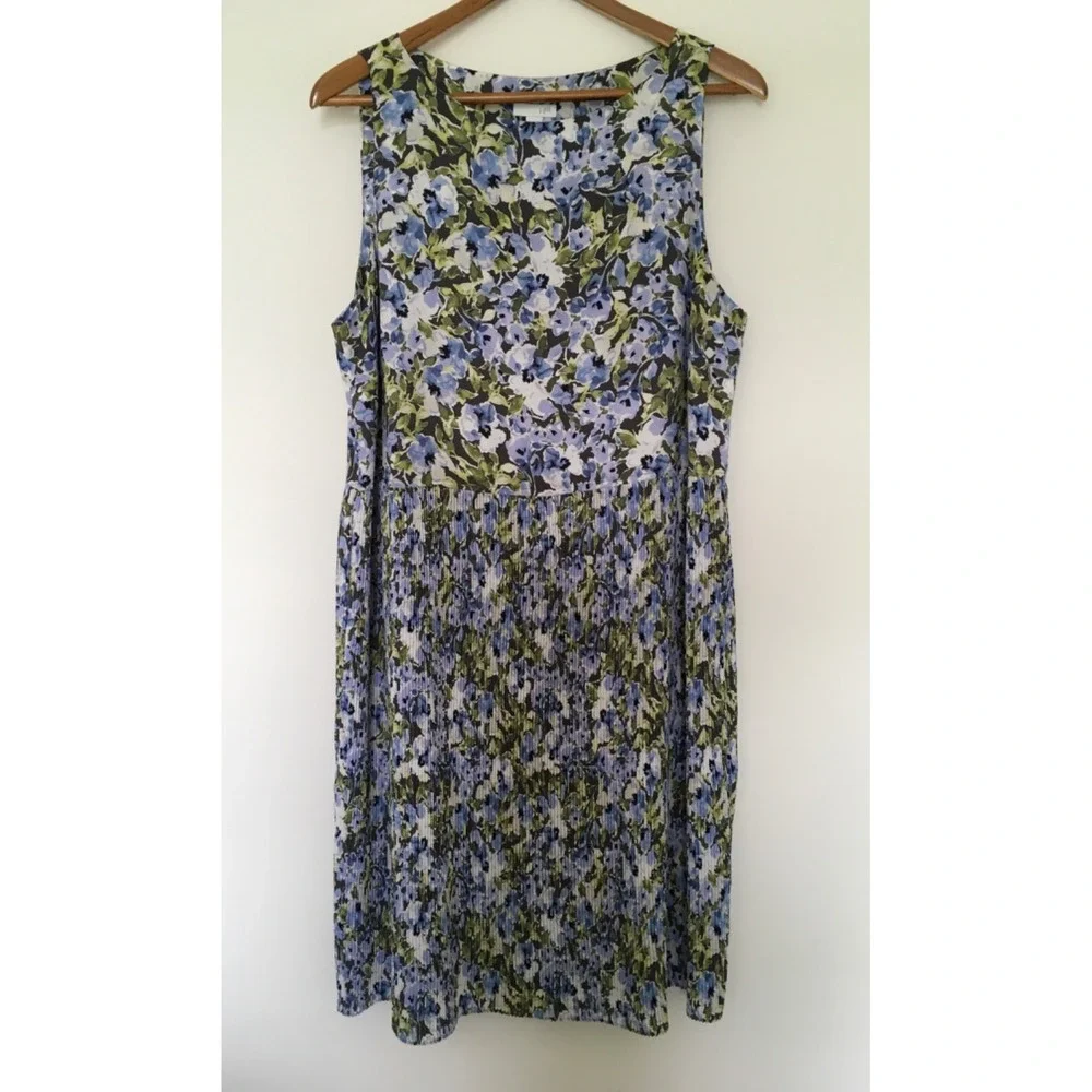 J Jill Granite Water Floral Bloom Accordion Pleat Sleeveless Dress Sz L